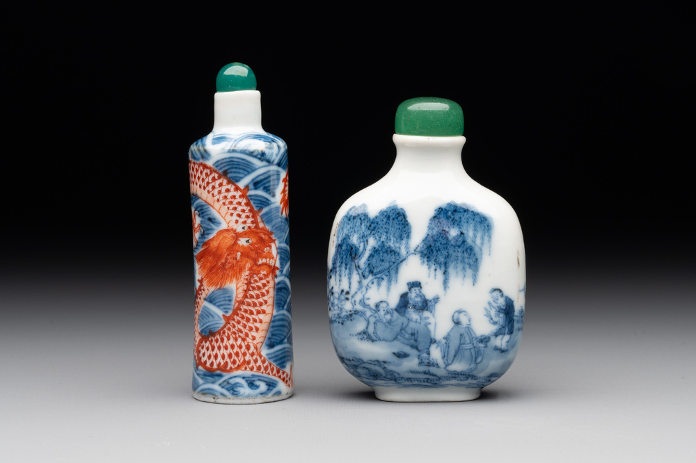 A Chinese blue and white 'figurative' snuff bottle and a blue, white and iron-red 'dragon' snuff bottle, Qianlong mark, 19th C.