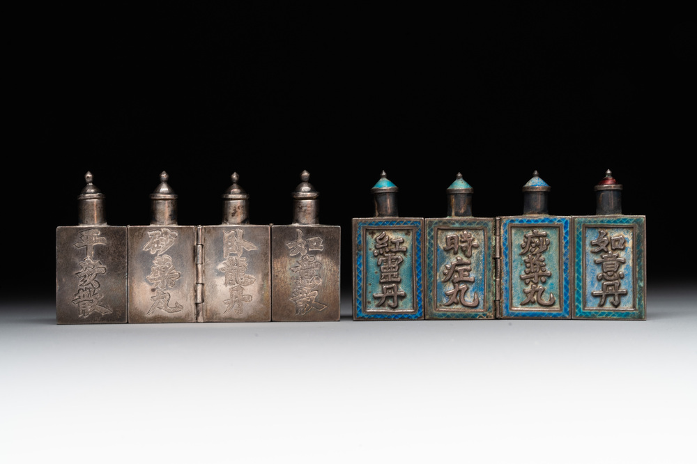 A pair of four-fold Chinese enamelled and engraved silver medicine bottles, 19th C.