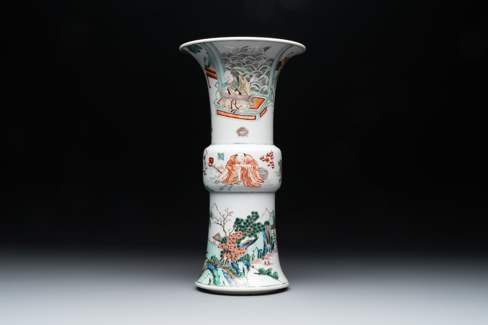 A Chinese famille verte 'gu' vase with narrative design, 19th C.