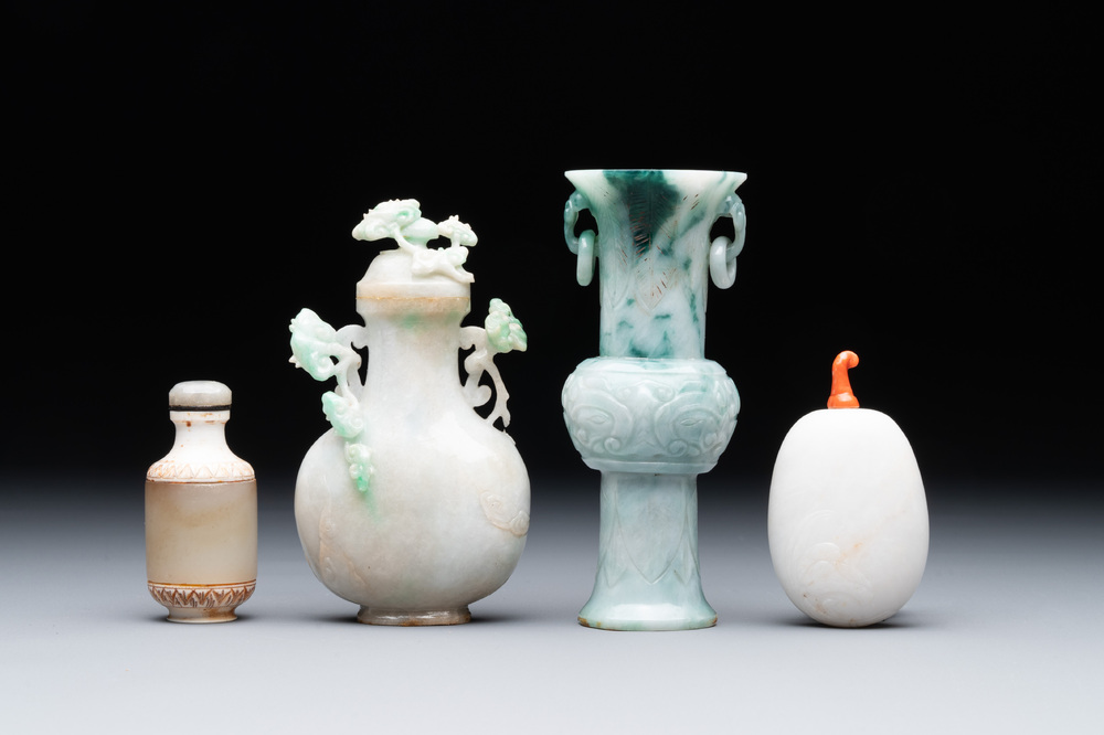 Two small Chinese jade vases and two snuff bottles, 19th C.