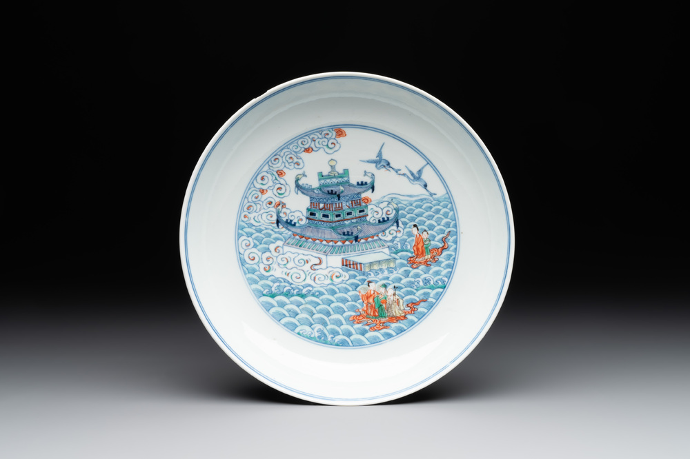 A Chinese famille verte 'Hai Wu Tian Chou 海屋添筹' plate, Yongzheng mark, 19th C.