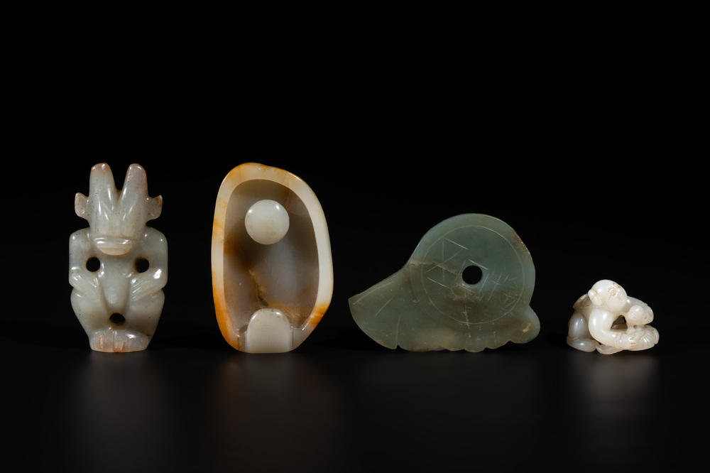 Three Chinese jades and an agate belt hook, Shang and later