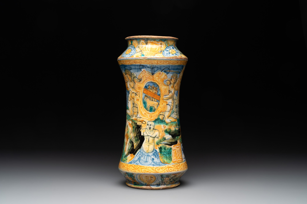 An Italian maiolica albarello with the arms of Boerio, Angelo and Ludovico Picchi workshop, Casteldurante, ca. 1562-1563