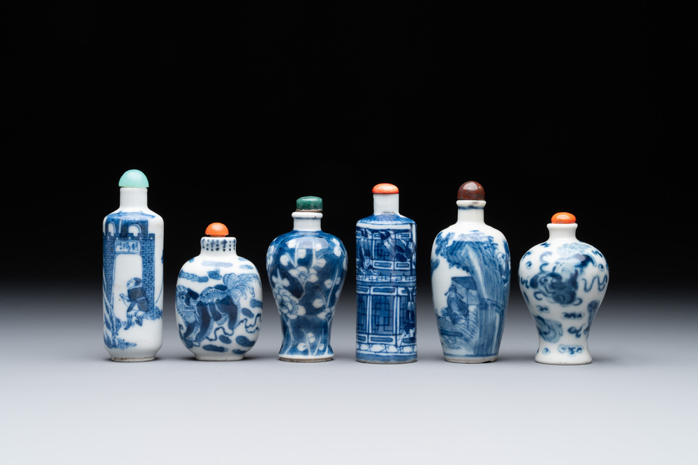 Six Chinese blue and white snuff bottles, 19th C.