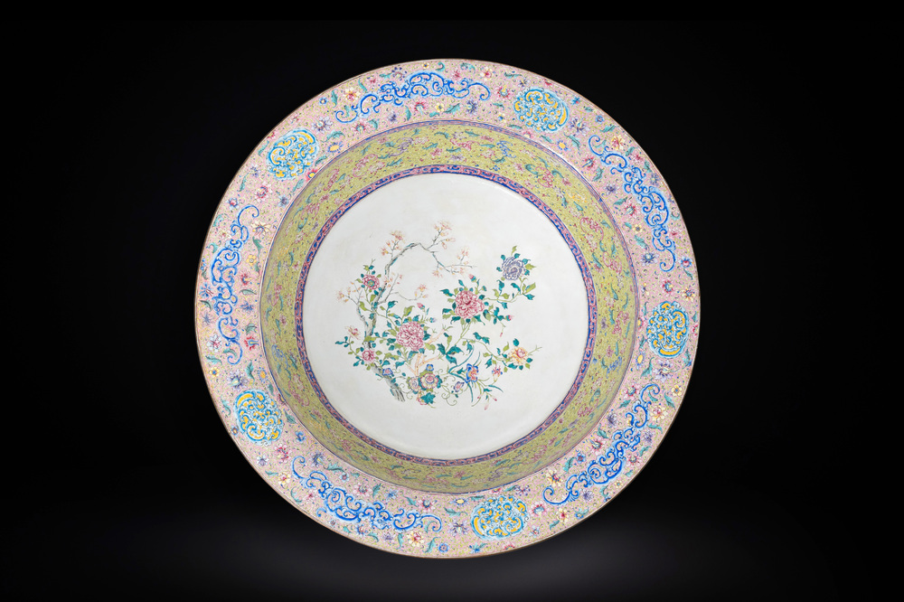 An exceptionally large Chinese Canton enamel basin with floral design, Yongzheng
