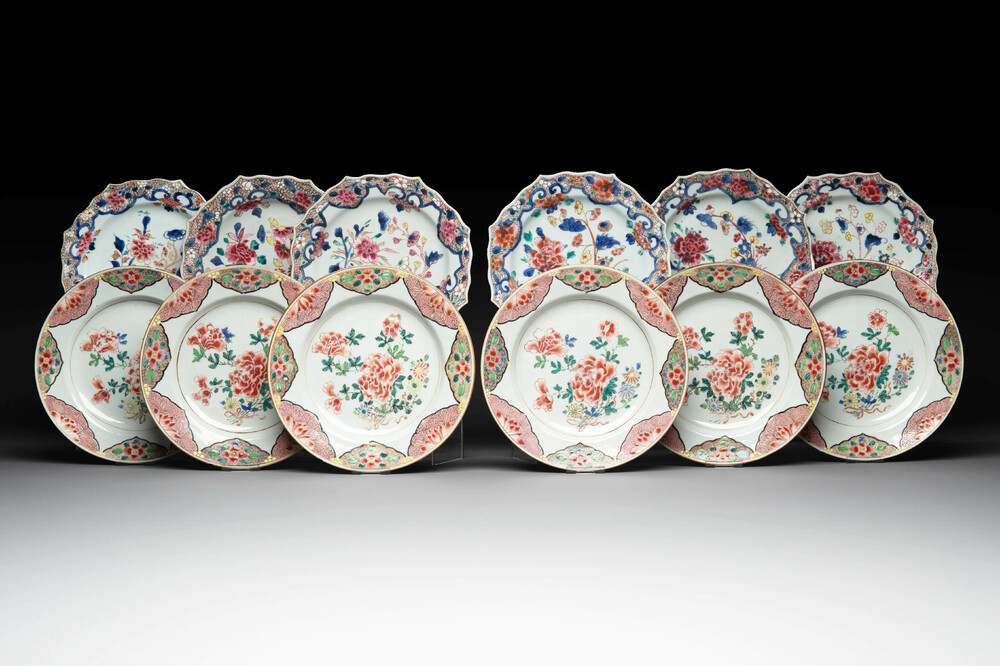 Two sets of six Chinese famille rose plates with peonies, Yongzheng/Qianlong