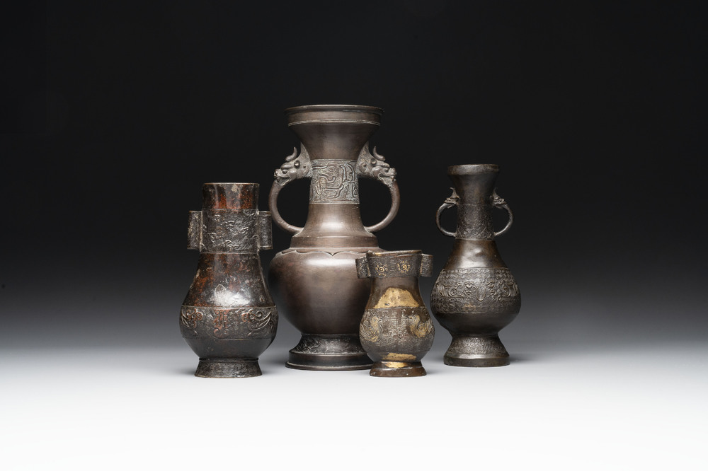 Four Chinese archaistic gilt bronze vases, Yuan/Ming