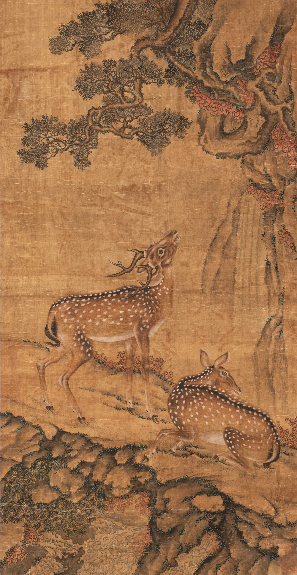 Chinese school: 'Two deer under a pine tree', ink and colour on silk, Qing or later