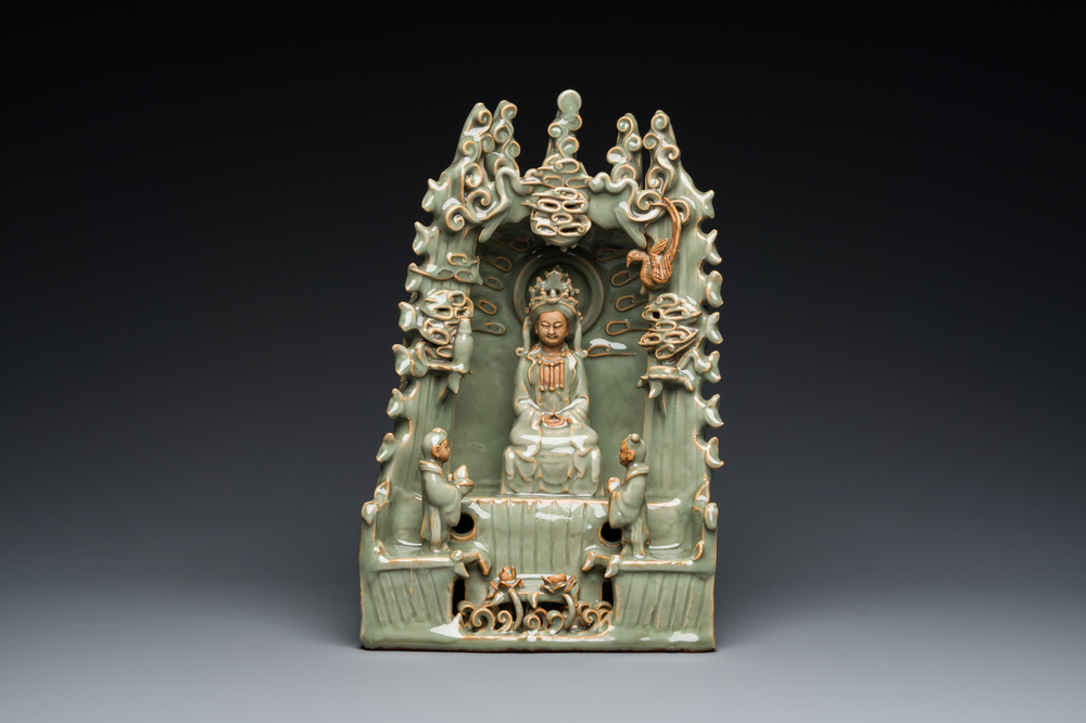 A Chinese Longquan celadon shrine of Guanyin, Ming or later