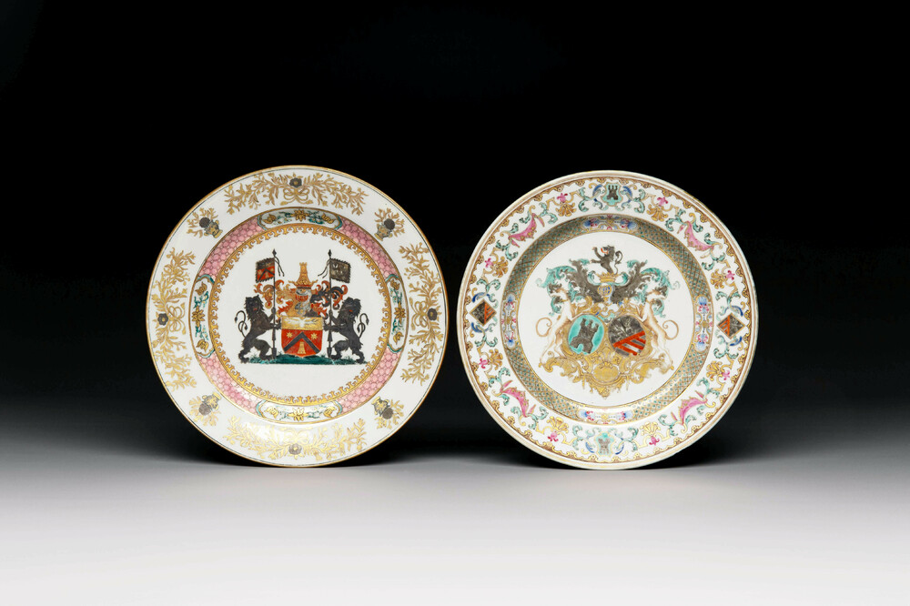 Two Chinese armorial export plates with arms of Knyff and arms of Bistrate impaling Proli for the Belgian market, Qianlong