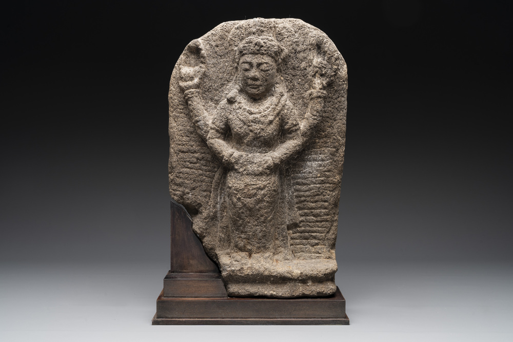 An Indonesian lavastone stele depicting goddess Durga, Central Java, 10/11th C.