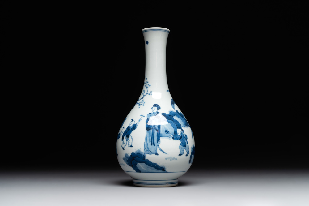 A Chinese blue and white bottle vase with court ladies and playing boys, Chenghua mark, Kangxi