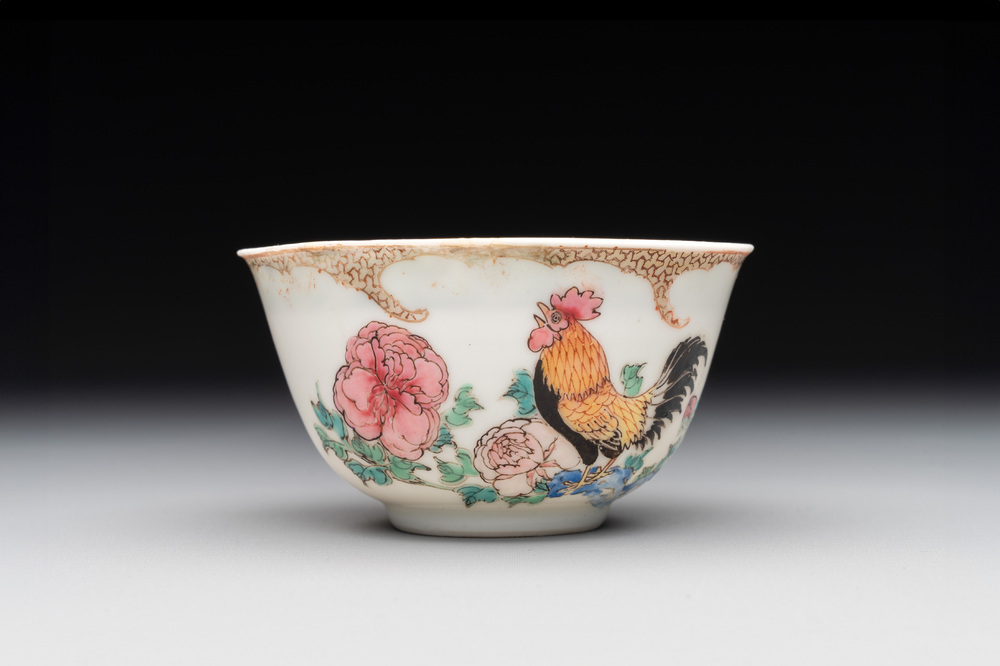 An extremely rare and early Chinese famille rose semi-eggshell 'rooster' cup, Baiyun Shanren 白雲山人 seal mark, Yongzheng