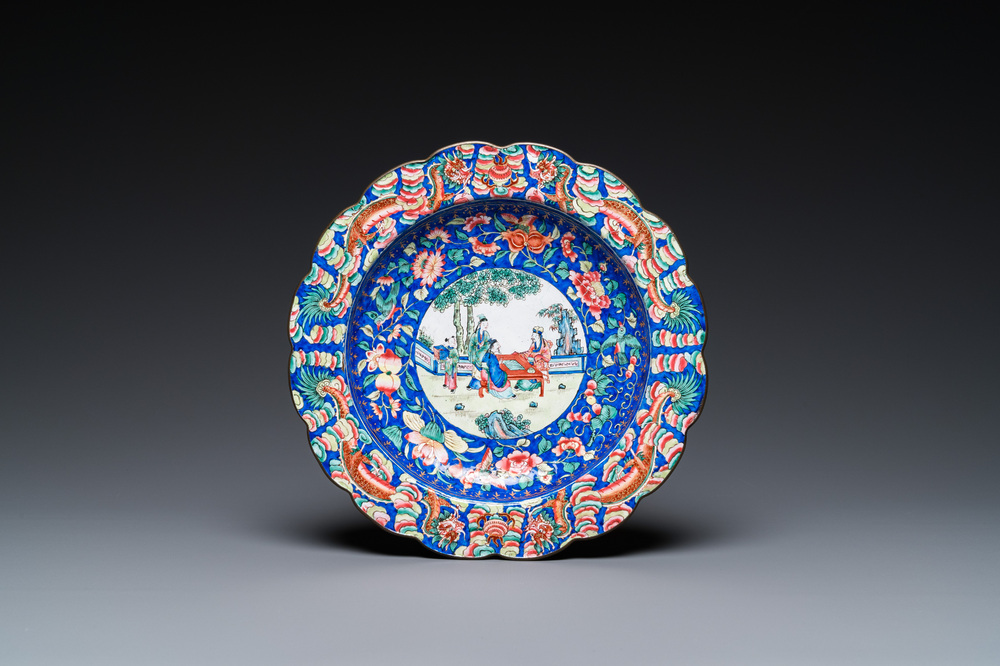 A Chinese blue-ground Canton enamel dish for the Vietnamese market, Qianlong/Jiaqing