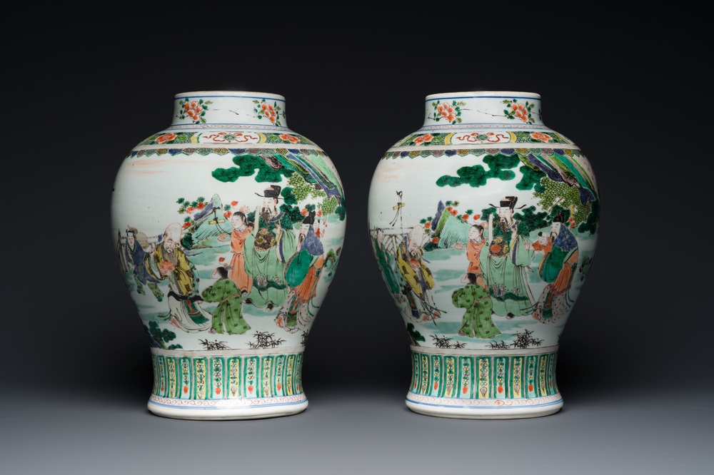 A pair of Chinese famille verte 'Shou Lao' vases, Kangxi
