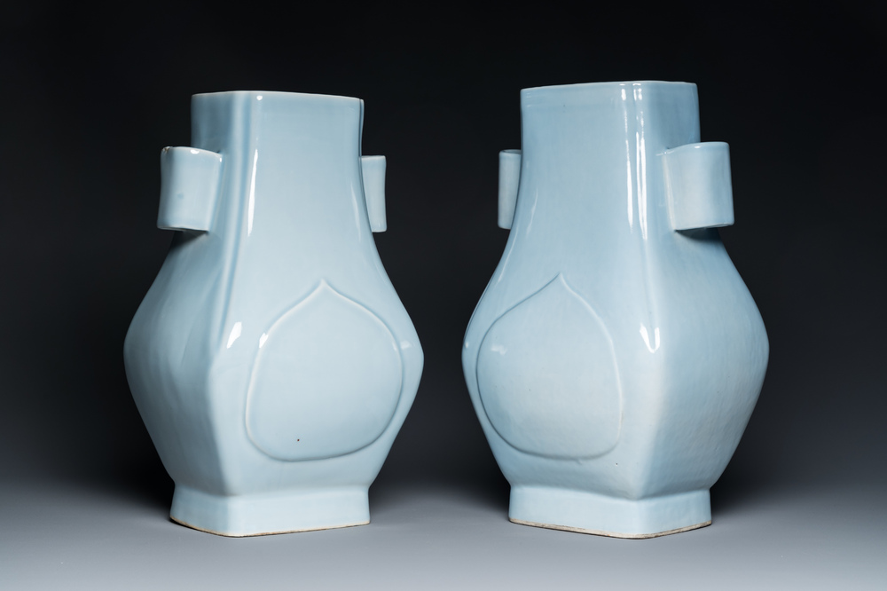 A pair of Chinese lavender-blue-glazed 'fanghu' vases, Guangxu mark and of the period