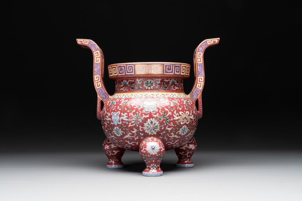 A Chinese famille rose 'bajixiang and lotus scroll' censer, Qianlong mark, 20th C.