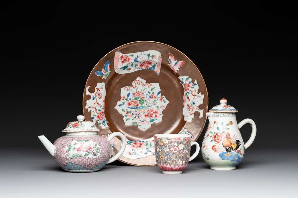 A Chinese famille rose dish, a teapot, a milk jug and a cup, Yongzheng/Qianlong
