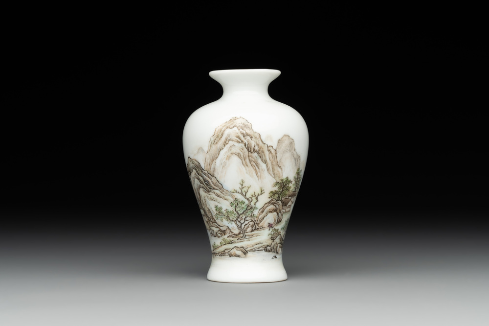 A small Chinese famille rose eggshell 'landscape' vase, Yongzheng mark, 20th C.