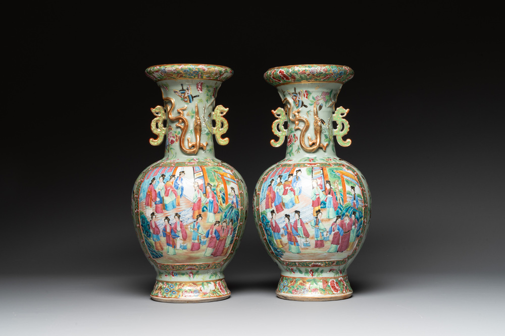 A pair of Chinese Canton famille rose celadon-ground 'court scene' vases, 19th C.