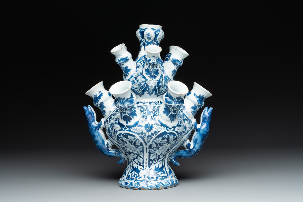 A rare Dutch Delft blue and white tulip vase, late 17th C.
