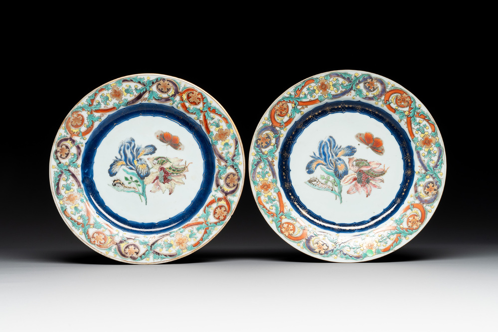 A pair of Chinese famille rose 'botanical' plates after Maria Sybilla Merian, Qianlong