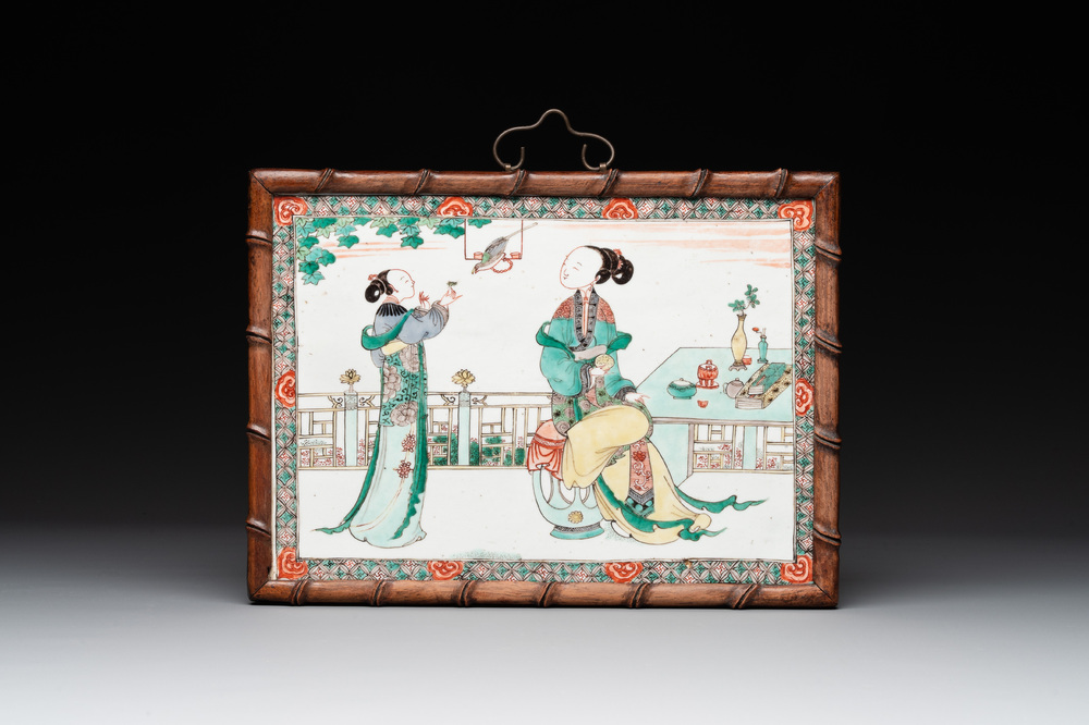 A Chinese famille verte plaque with ladies in a garden, Kangxi