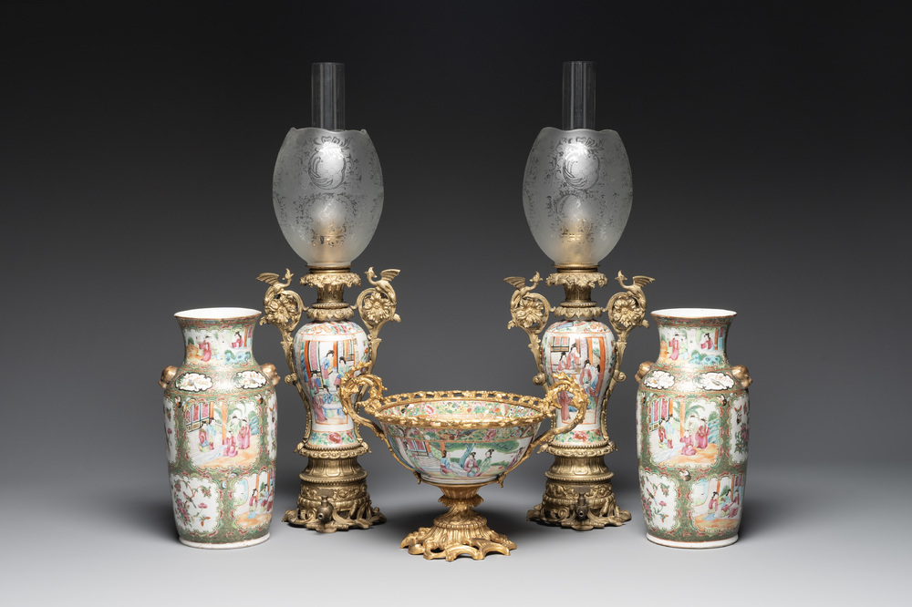 Two Chinese Canton famille rose vases mounted as lamps, a pair of vases and a bronze-mounted bowl, 19th C.