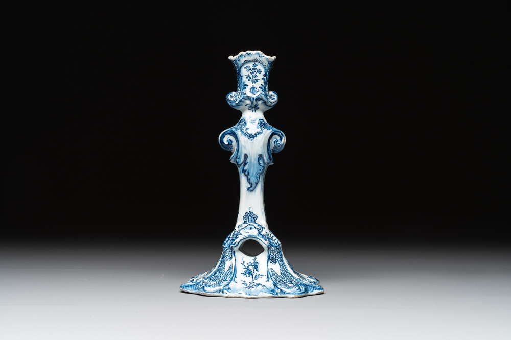 A Dutch Delft blue and white candle holder, 18th C.