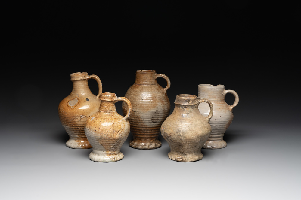 Five German stoneware jugs, 16/17th C.