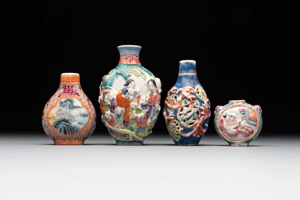 Four Chinese famille rose snuff bottles, Qianlong and Daoguang mark, 19/20th C.