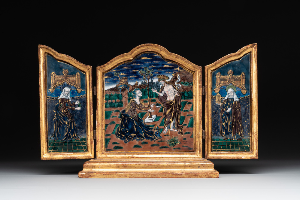 An unusual Limoges enamel tryptich depicting 'Noli Me Tangere', probably 19th C.