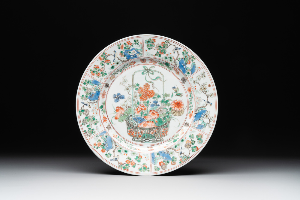 A Chinese famille verte 'flower basket' dish, ding mark, Kangxi