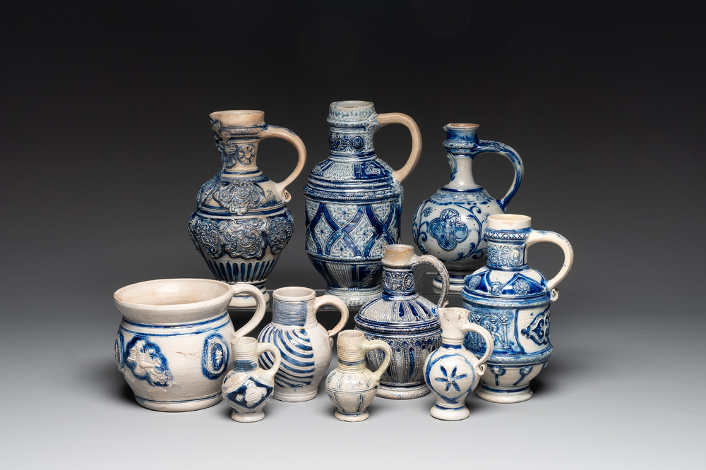 A varied collection of 10 Westerwald stoneware jugs, 17th C. and later