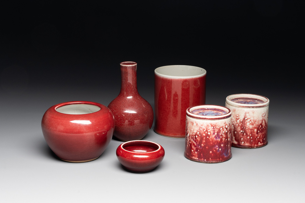 A collection of six Chinese copper-red-glazed and flamb&eacute;-glazed wares, 19/20th C.
