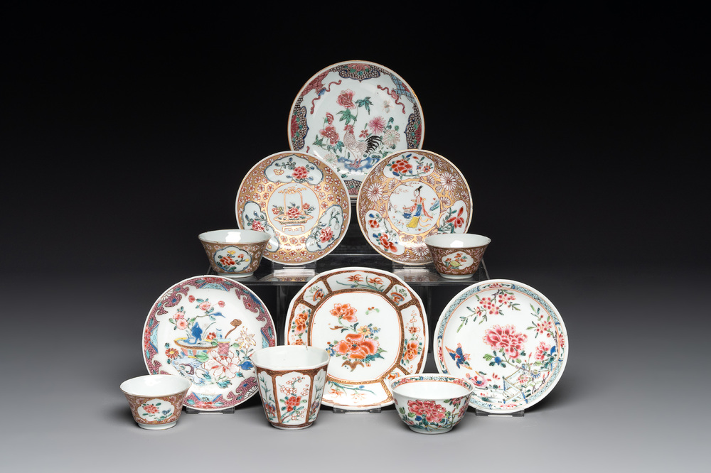 A varied collection of five Chinese famille rose cups and six saucers, Yongzheng/Qianlong