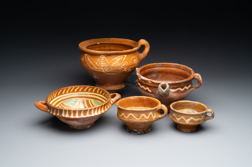 Five slipware vessels, The Netherlands, 17th C.