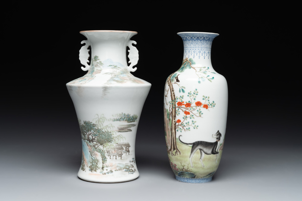 A Chinese famille rose vase, Qianlong and Shinian 世寧 mark, 20th C., and a qianjiang cai vase, signed Ren Huanzhang 任煥章, dated 1942