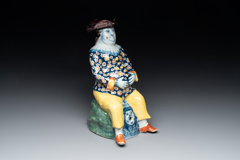A fine polychrome Dutch Delft 'bobbejak' ewer, 18th C.