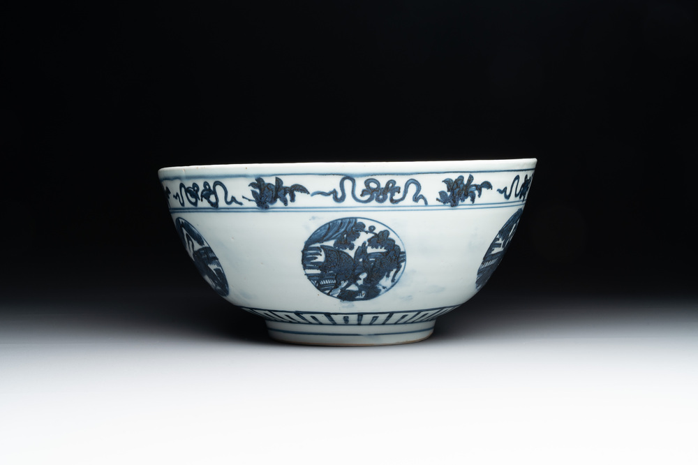 A Chinese blue and white 'crane, deer and hare' bowl, Fu Gui Chang Ming 富貴長命 mark, Jiajing