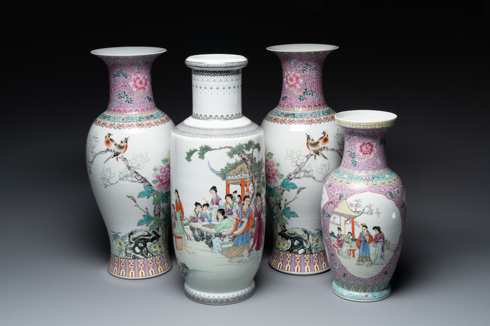 A pair of Chinese famille rose vases and two vases, Qianlong mark, 20th C.