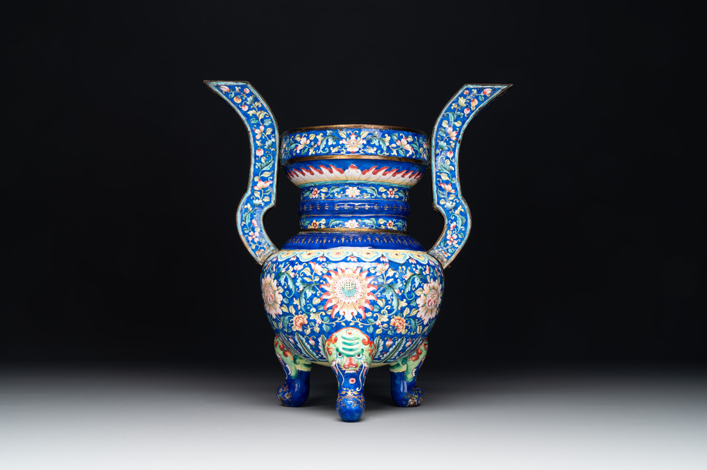 A Chinese blue-ground Canton enamel 'flower scroll' censer, Qianlong