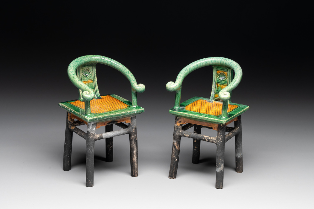 A pair of Chinese sancai-glazed miniature horseshoe-back chairs, Ming