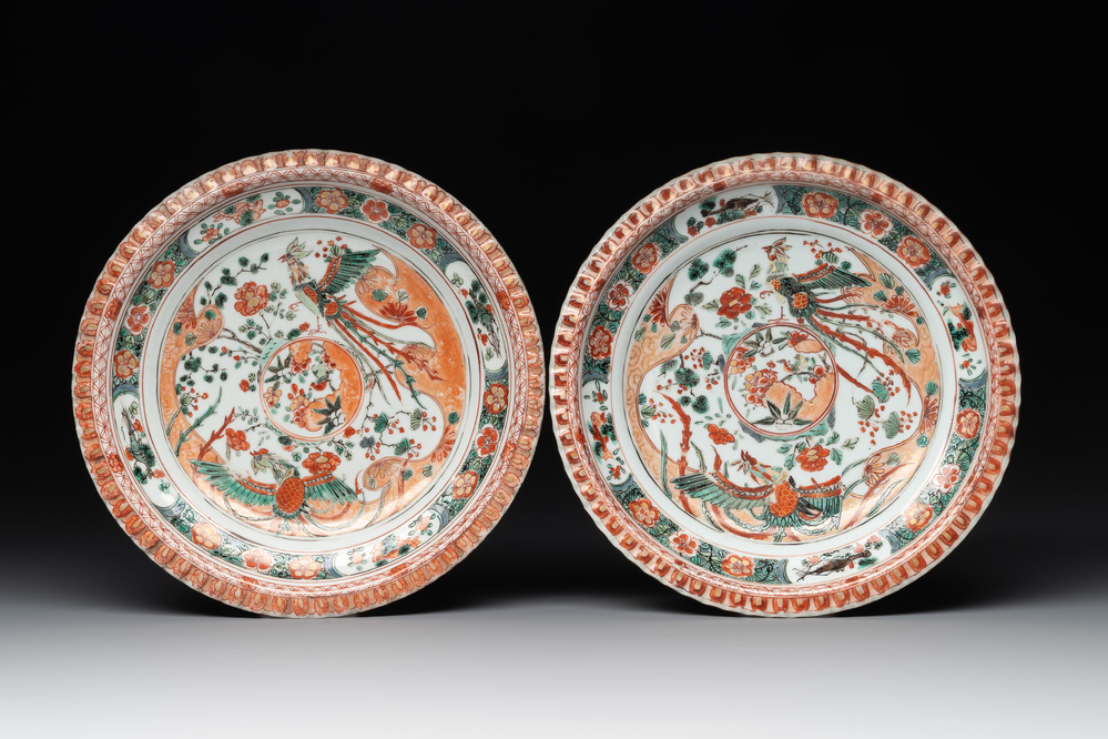 A pair of Chinese famille verte 'phoenix' plates, Kangxi