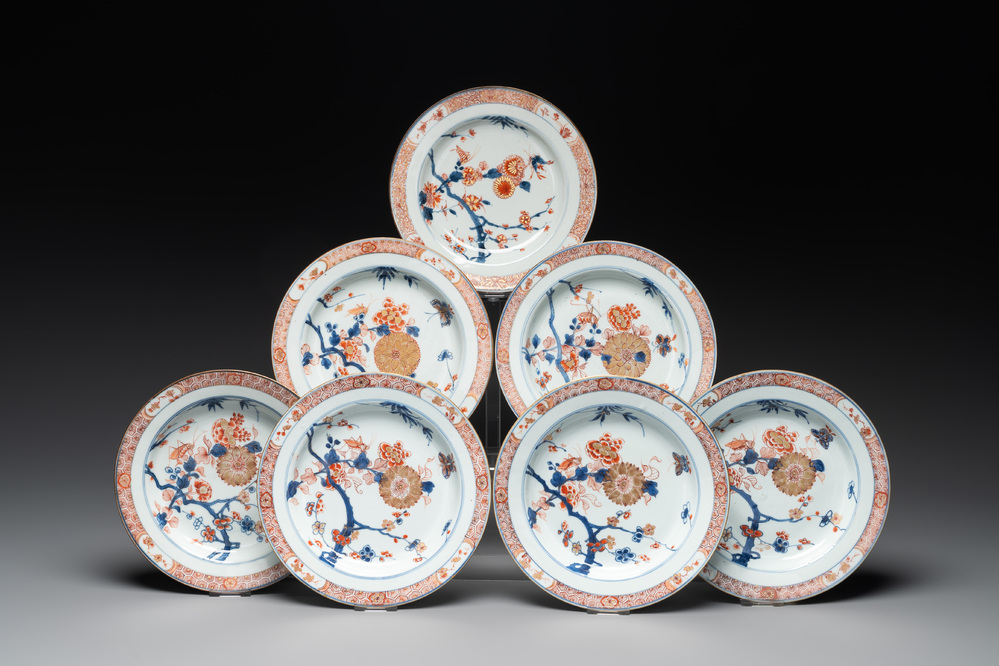 Seven Chinese Imari-style 'flowers and insects' plates, Kangxi/Yongzheng