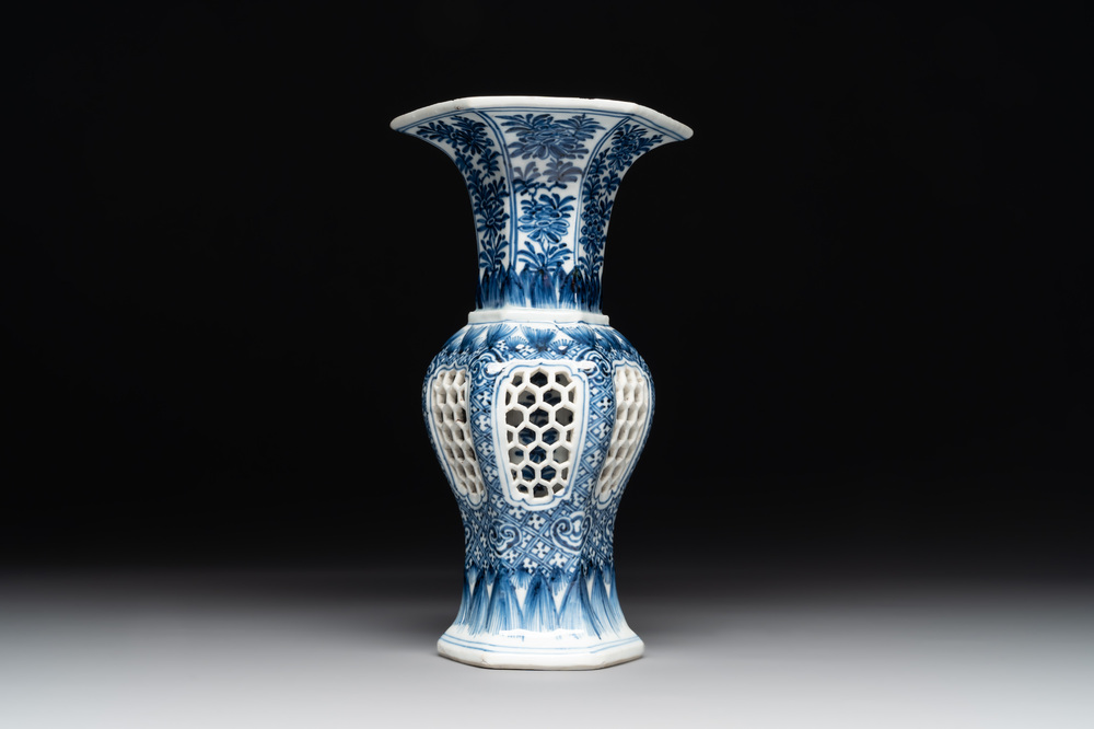 A Chinese blue and white reticulated double-walled vase, Kangxi