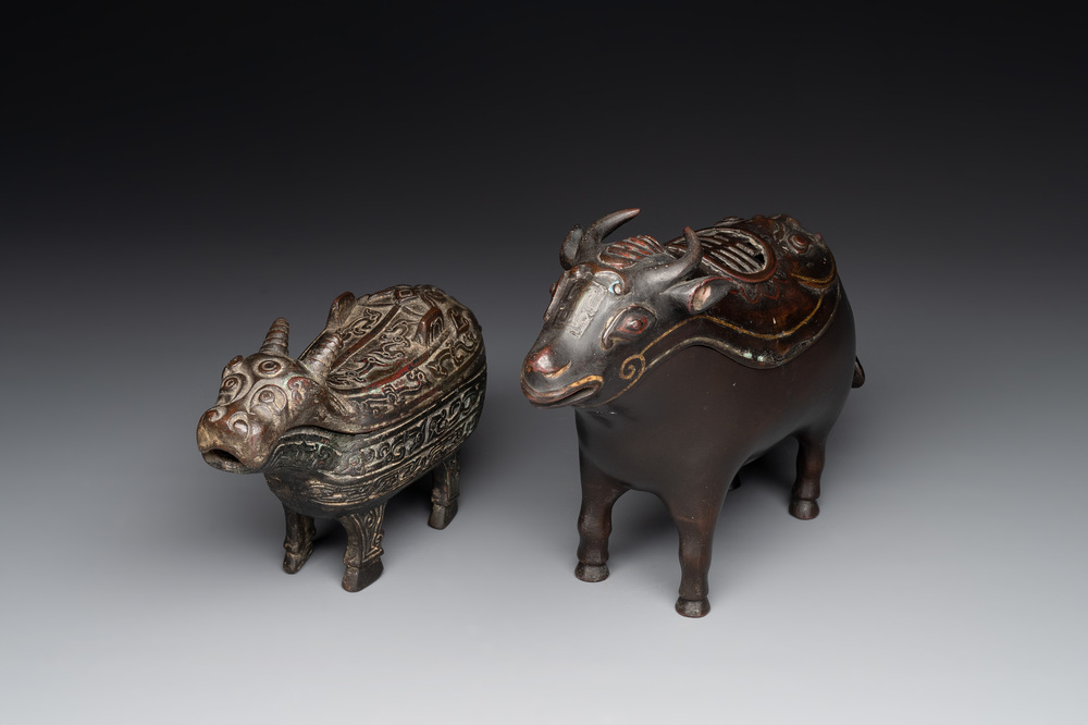 Two Chinese bronze buffalo-form vessels and covers, 'xizun 犧尊', Ming