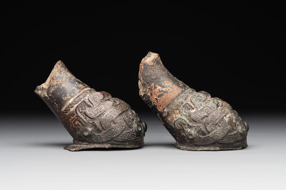 Two Chinese archaic bronze study fragments, Eastern Zhou