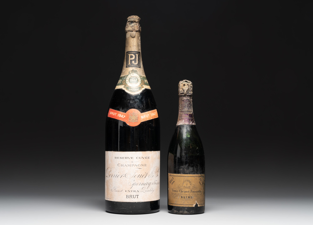 A jeroboam of Perrier-Jou&euml;t champagne from 1947 and a bottle of Veuve Clicquot champagne from 1904
