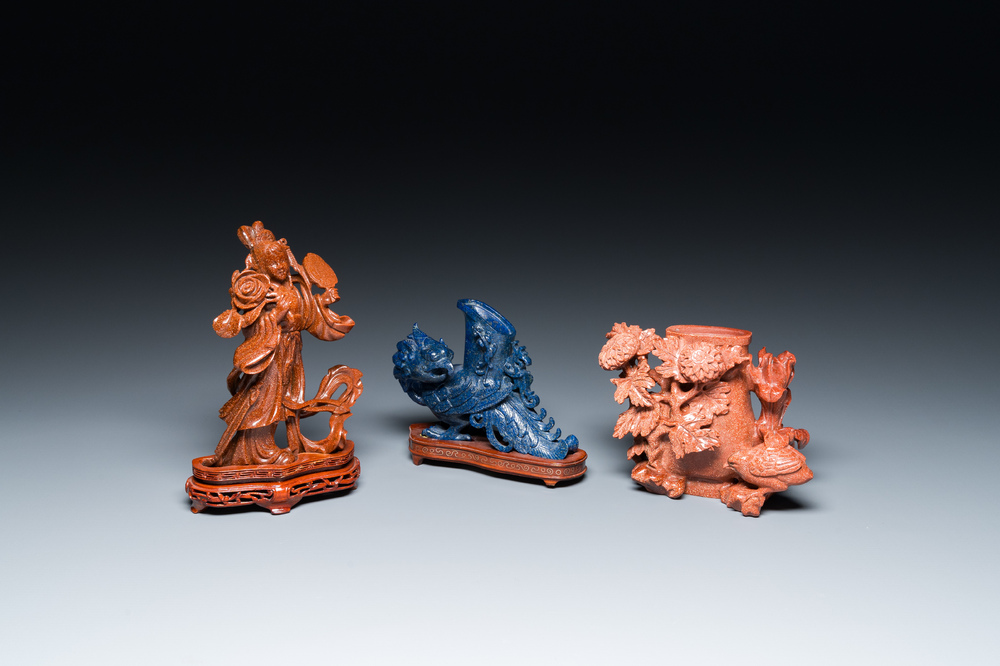 Three Chinese lapis lazuli and goldstone carvings, 19/20th C.